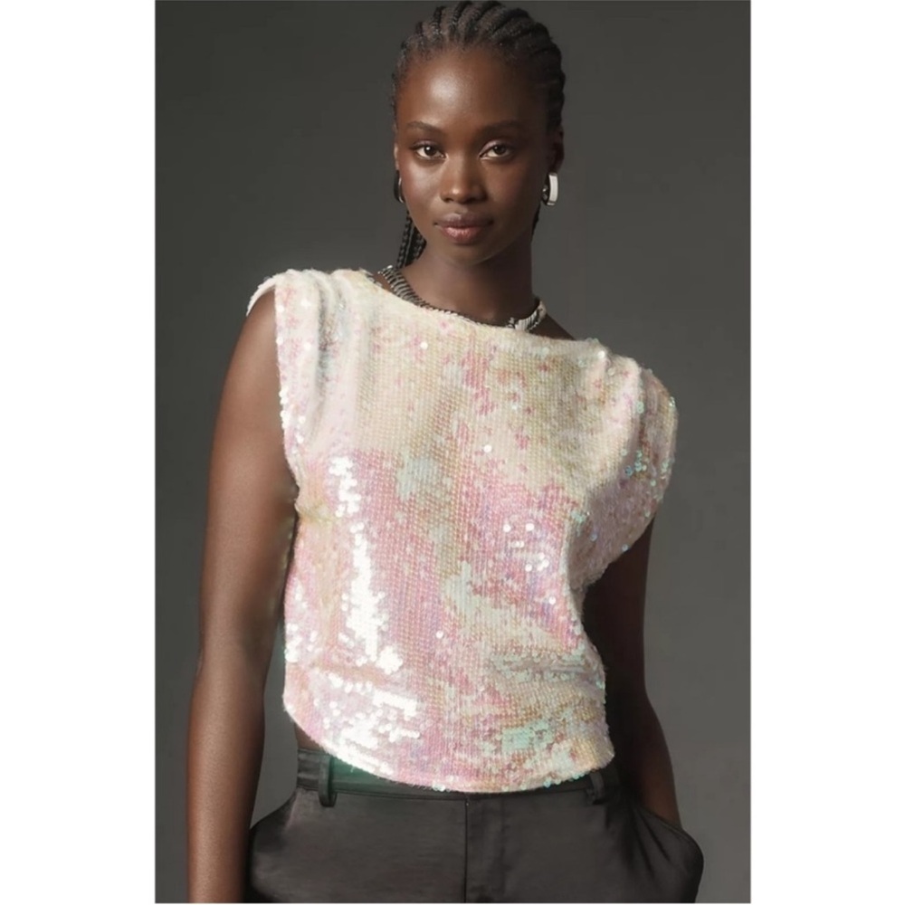 ANTHROPOLOGIE PILCRO SEQUIN CASHMERE/WOOL SWEATER VEST MUSCLE TOP IVORY